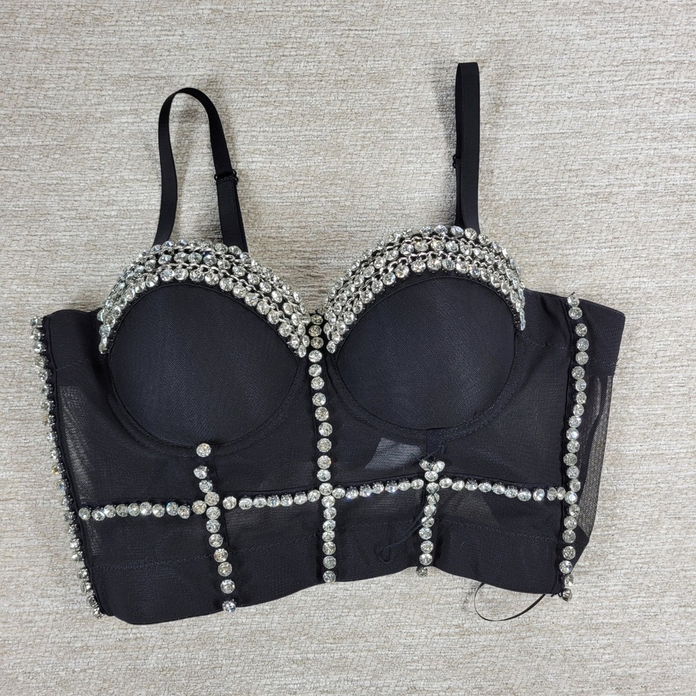 KIWI Rhinestone Push Up Bustier Bralette Top M Black Sheer Mesh Crystal Corset